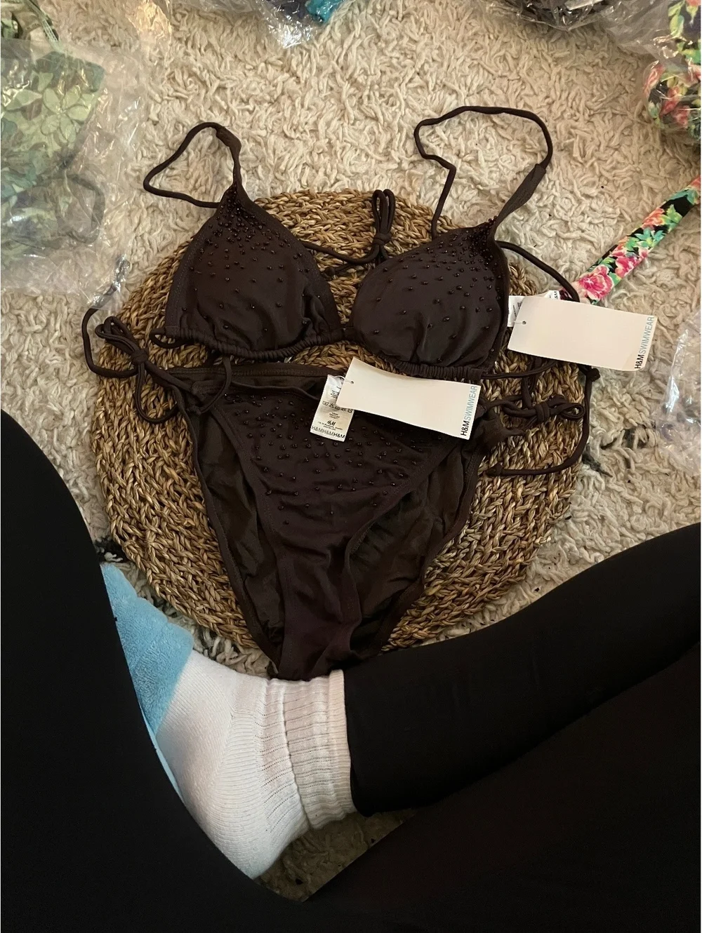 NWT H&M Brown Beaded Triangle String Bikini Set - Adjustable
